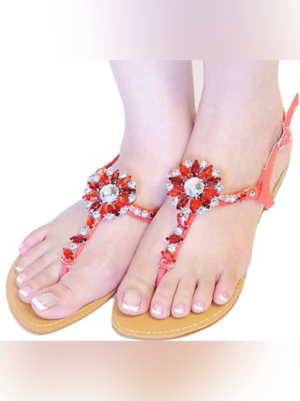 Coral Jeweled T-Strap Sandals for Women